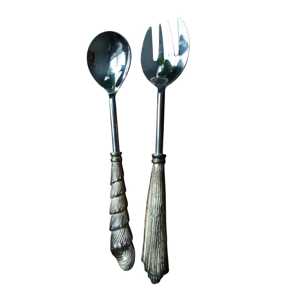 Vintage Seashell Salad‎ Serving Spoon and Fork Set Silver 13 Inch